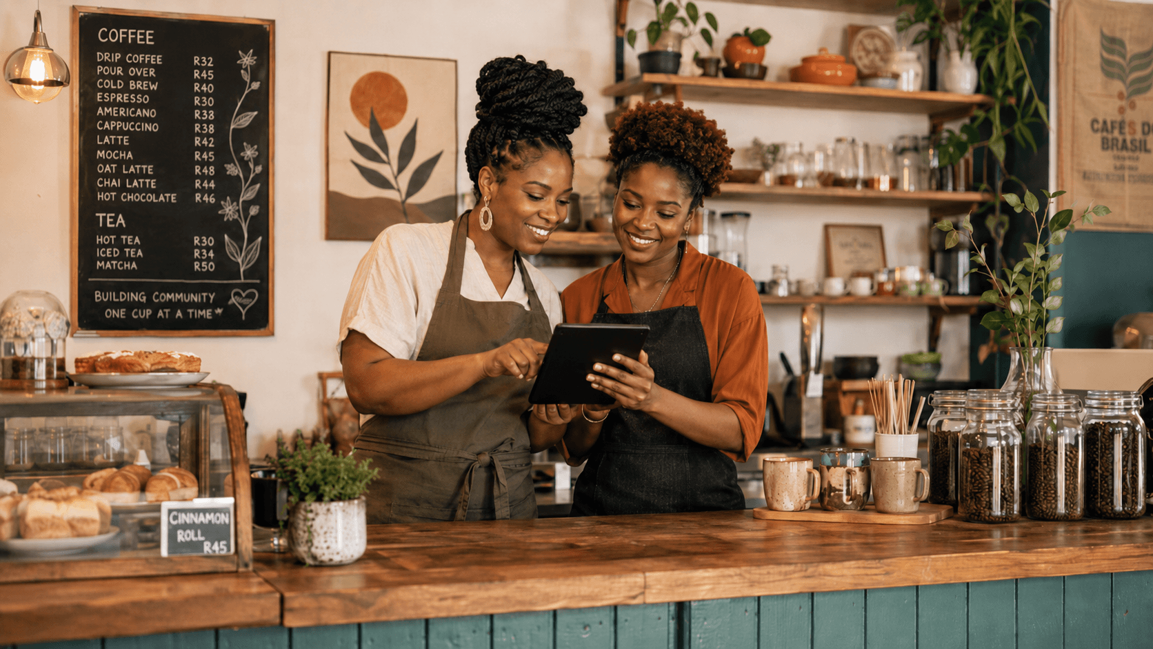 Baristas behind a local café counter