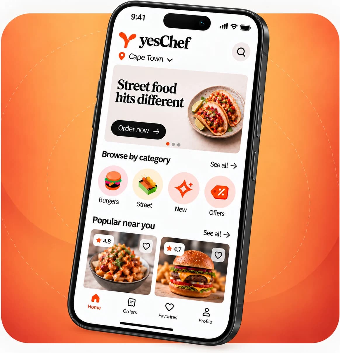 The YesChef app open on a phone, showing street food, burgers and popular places nearby to order from