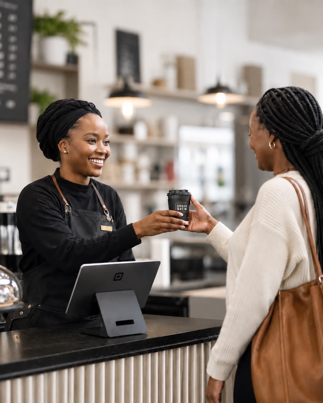 A vendor handing a finished order across the counter to a waiting customer