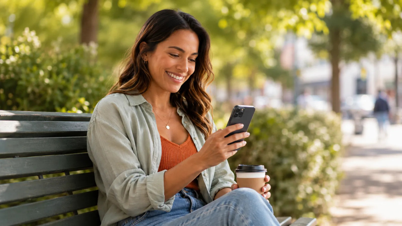 Someone messaging on their phone with a coffee in hand