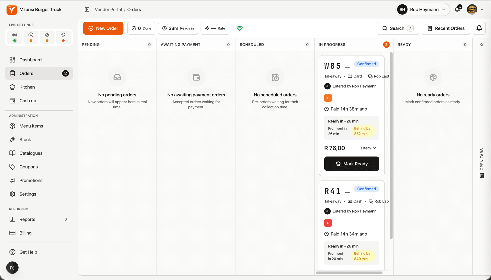 YesChef vendor console orders board - pending, awaiting payment, in progress, and ready columns