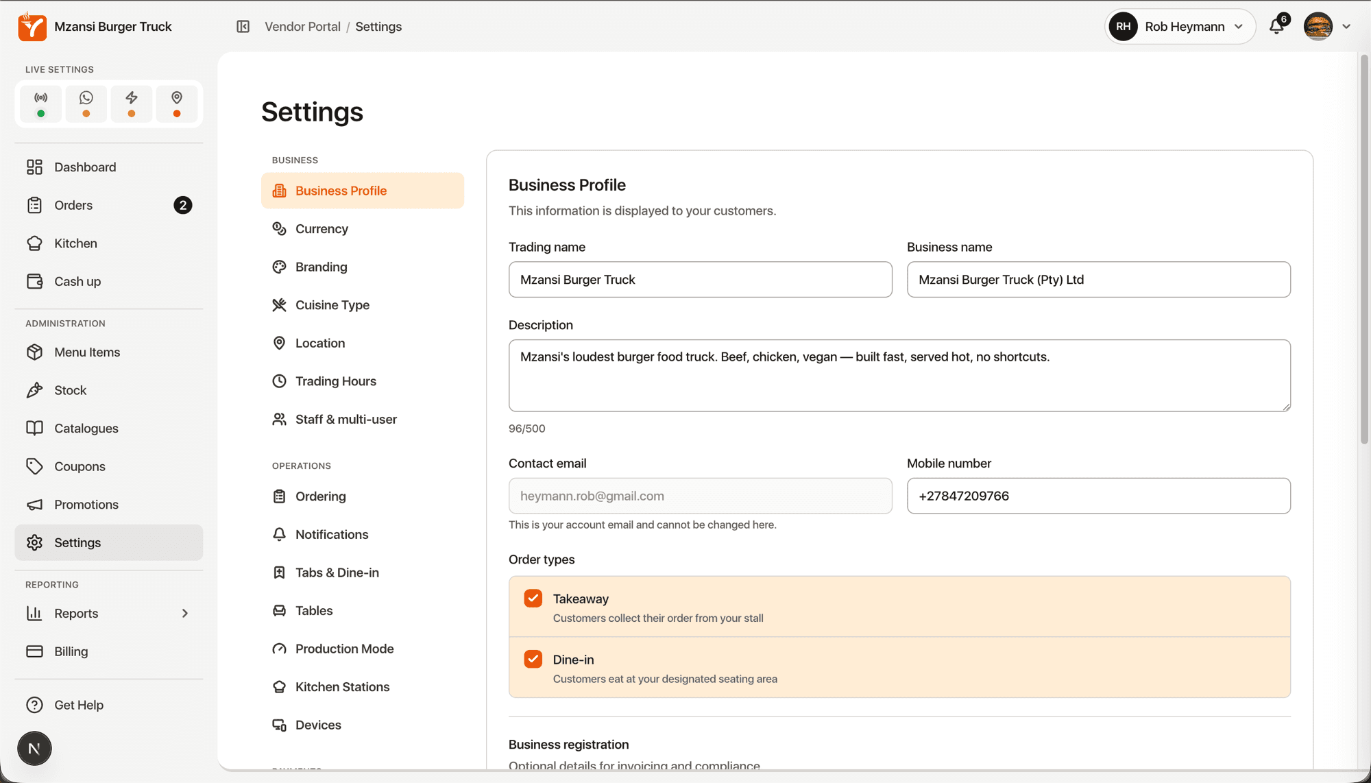 YesChef vendor console settings - business profile, order types, and operations