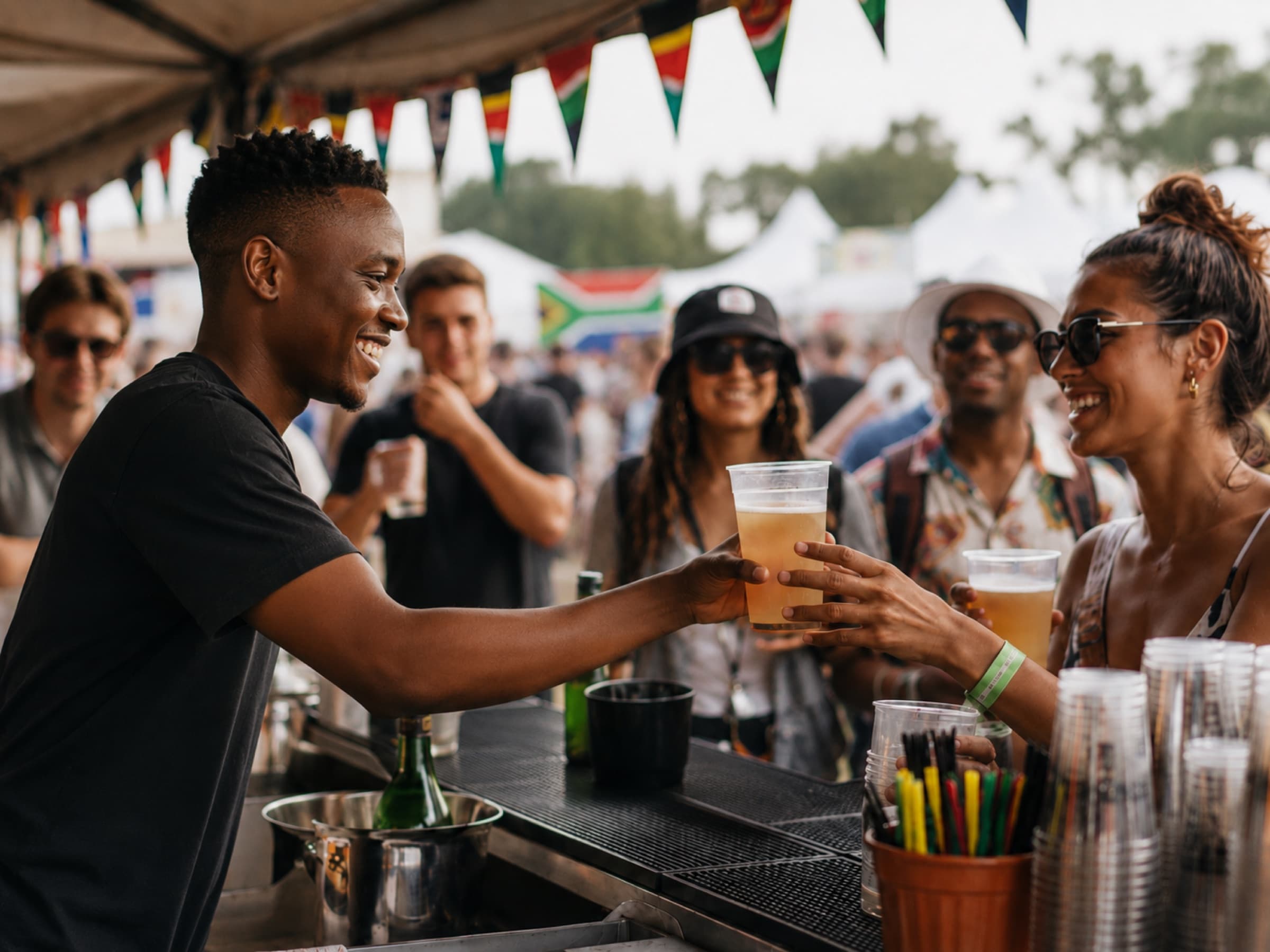 A bartender handing a drink across the counter to a guest at a festival bar