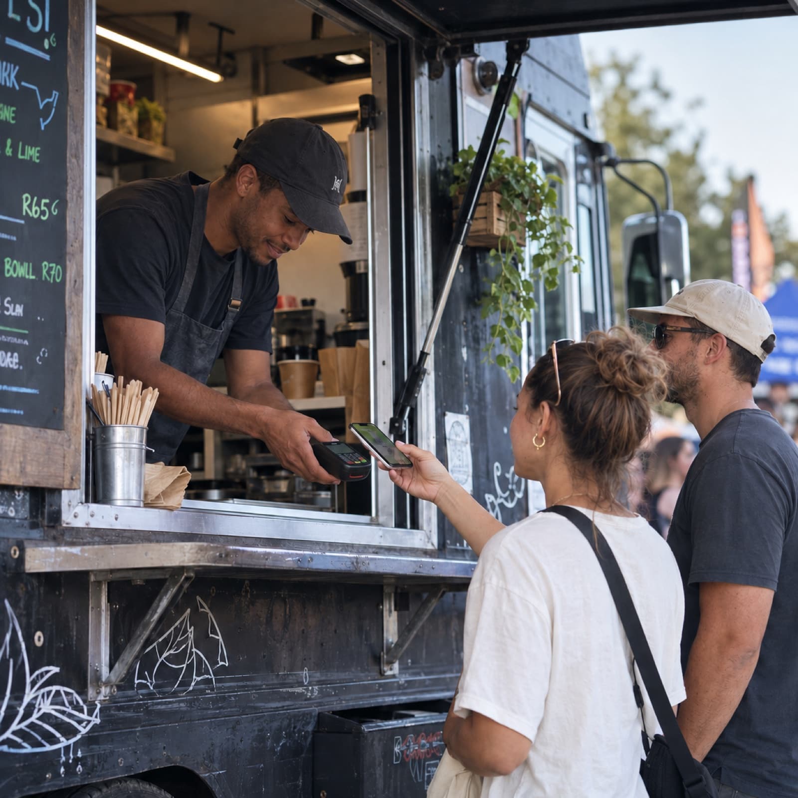 A cook leaning out of a food truck hatch to take a payment