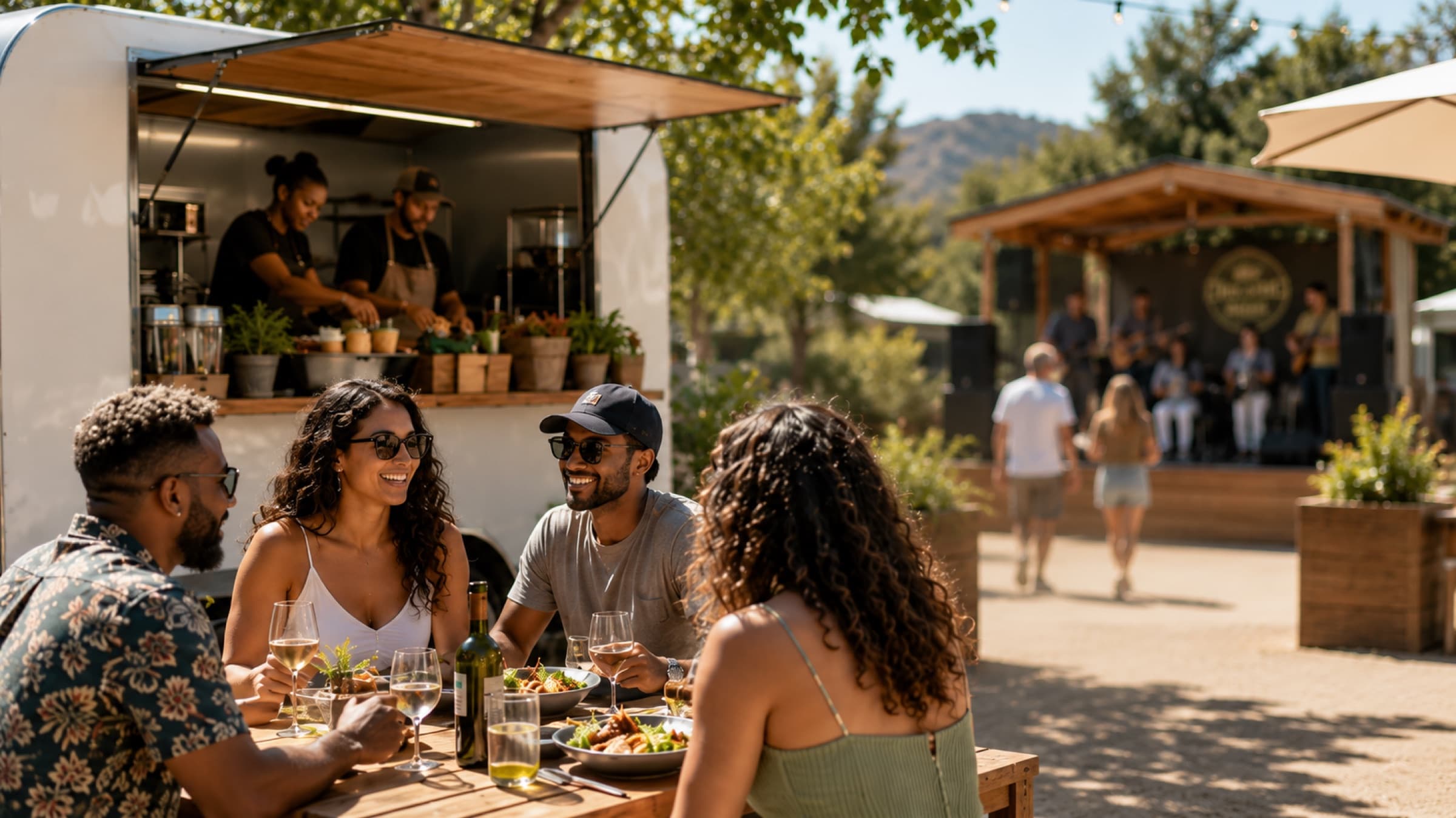 Friends eating at the tables outside a food truck