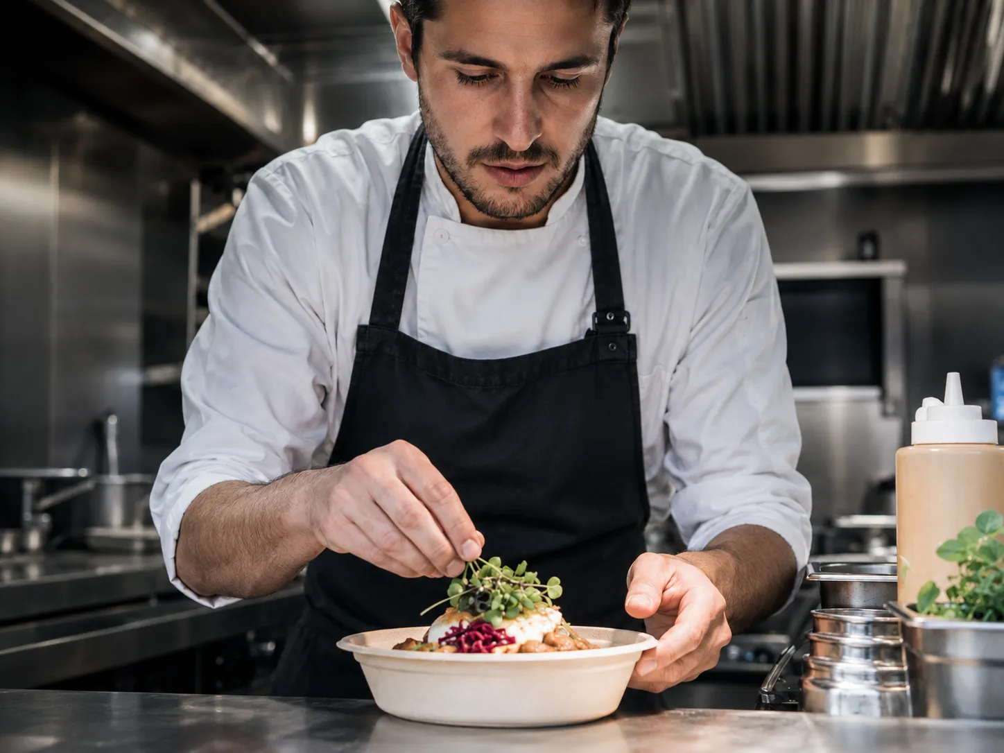 A chef plating an order in the kitchen