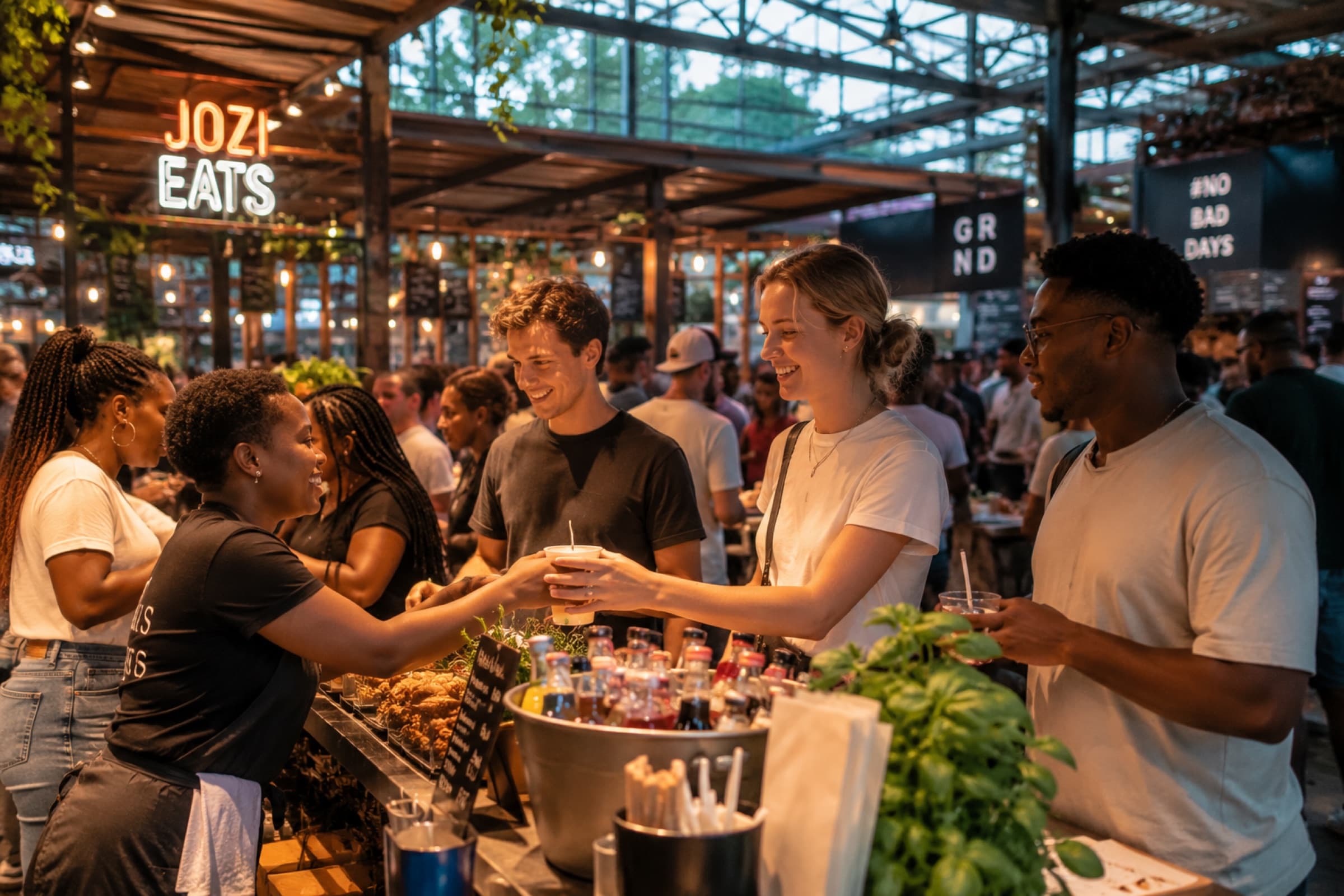 A trader handing a drink across the counter at a market hall