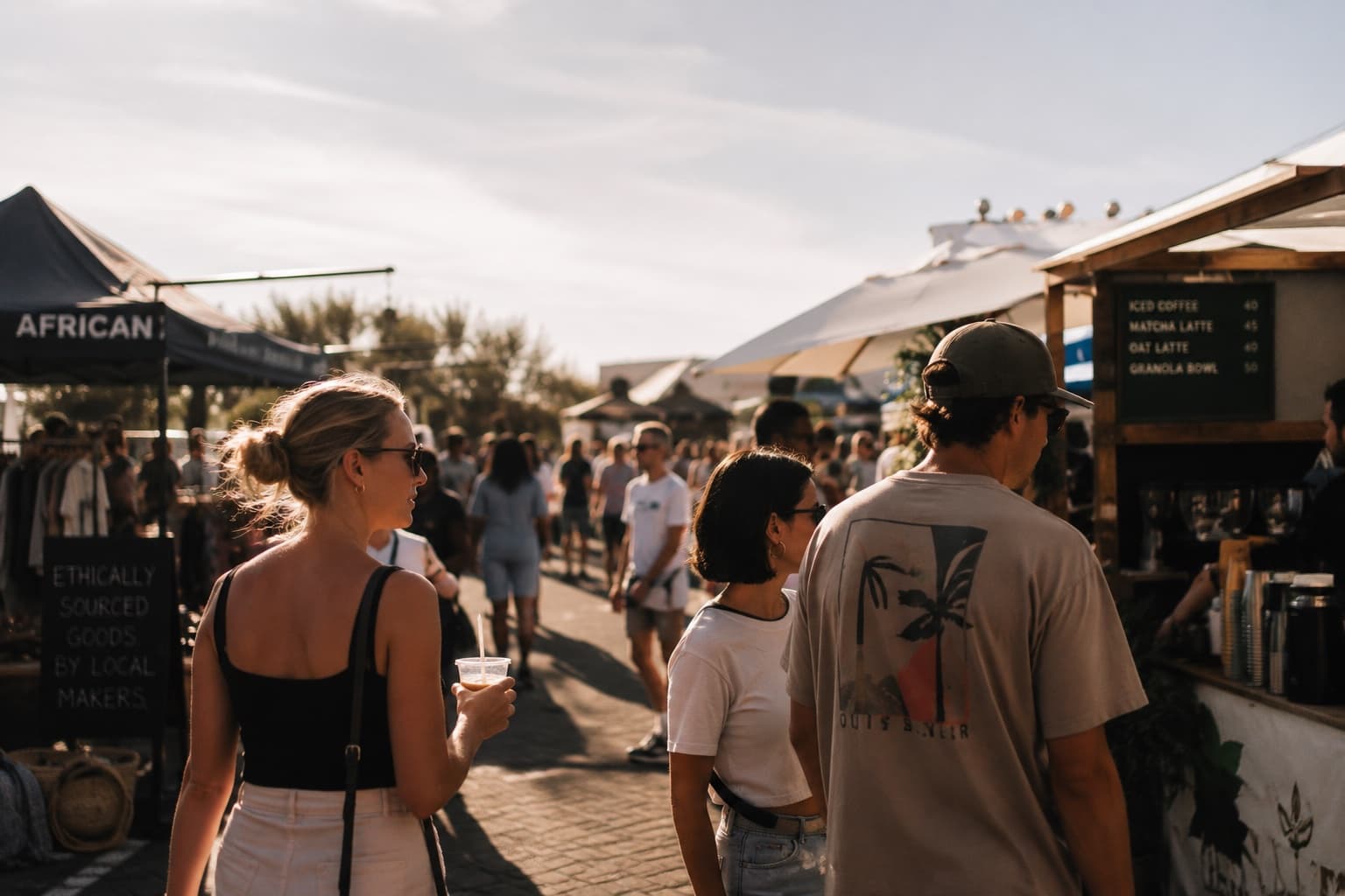 Shoppers walking a lane of market traders in the late afternoon